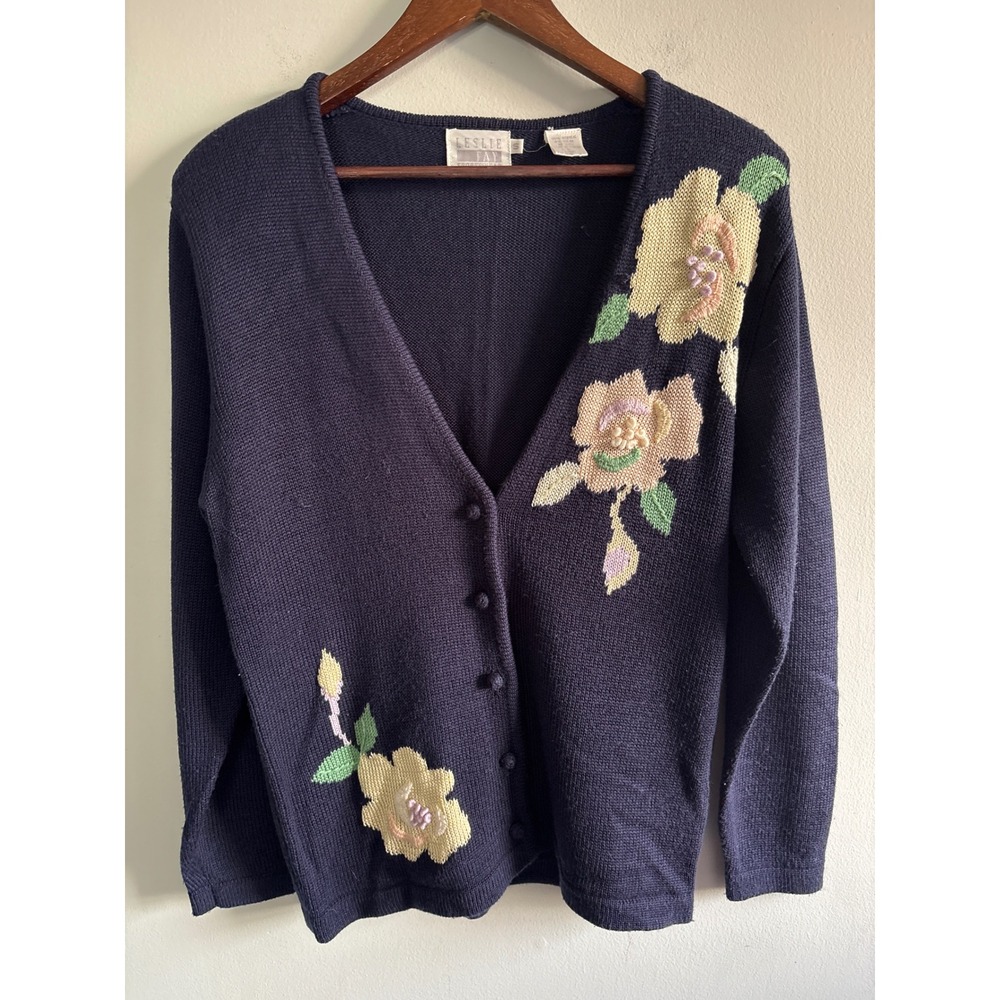 Leslie Fay Sportswear Vintage Navy Floral Knit Button Cardigan Sweater Small